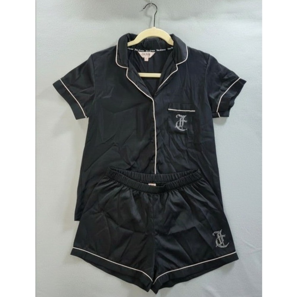 Juicy Couture Y2K McBling Pajama Set Size S Satin Rhinestone Glam Black